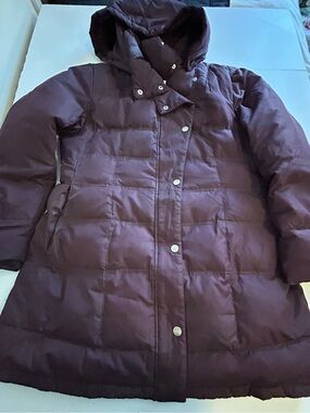 DKNY Plum Hooded Down Puffer Jacket with Ring Zipper Pull